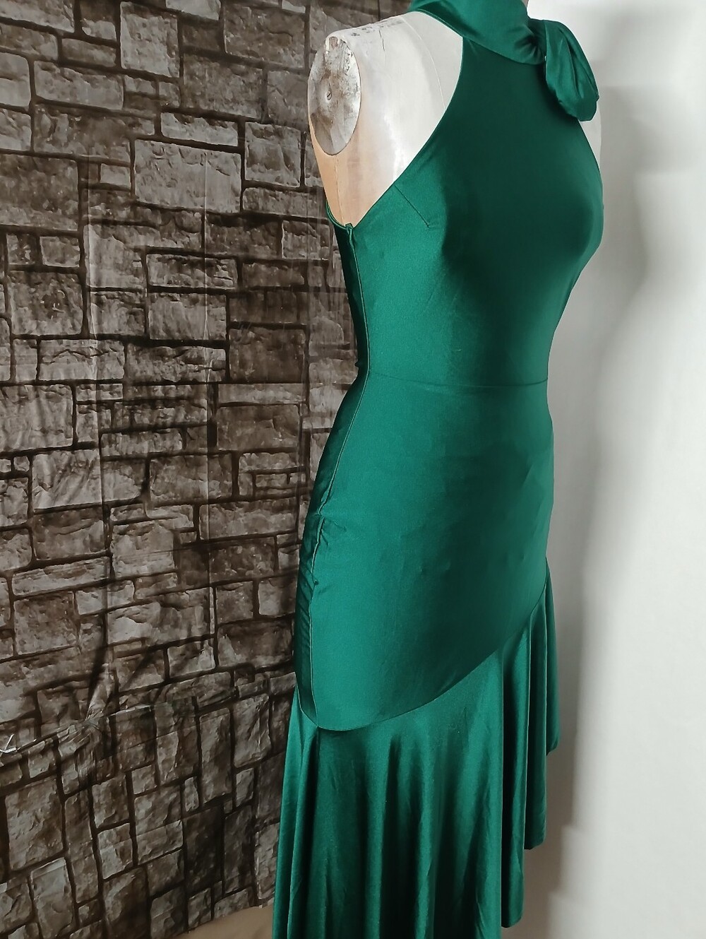 Emerald Green High-Low Halter Satin Dress